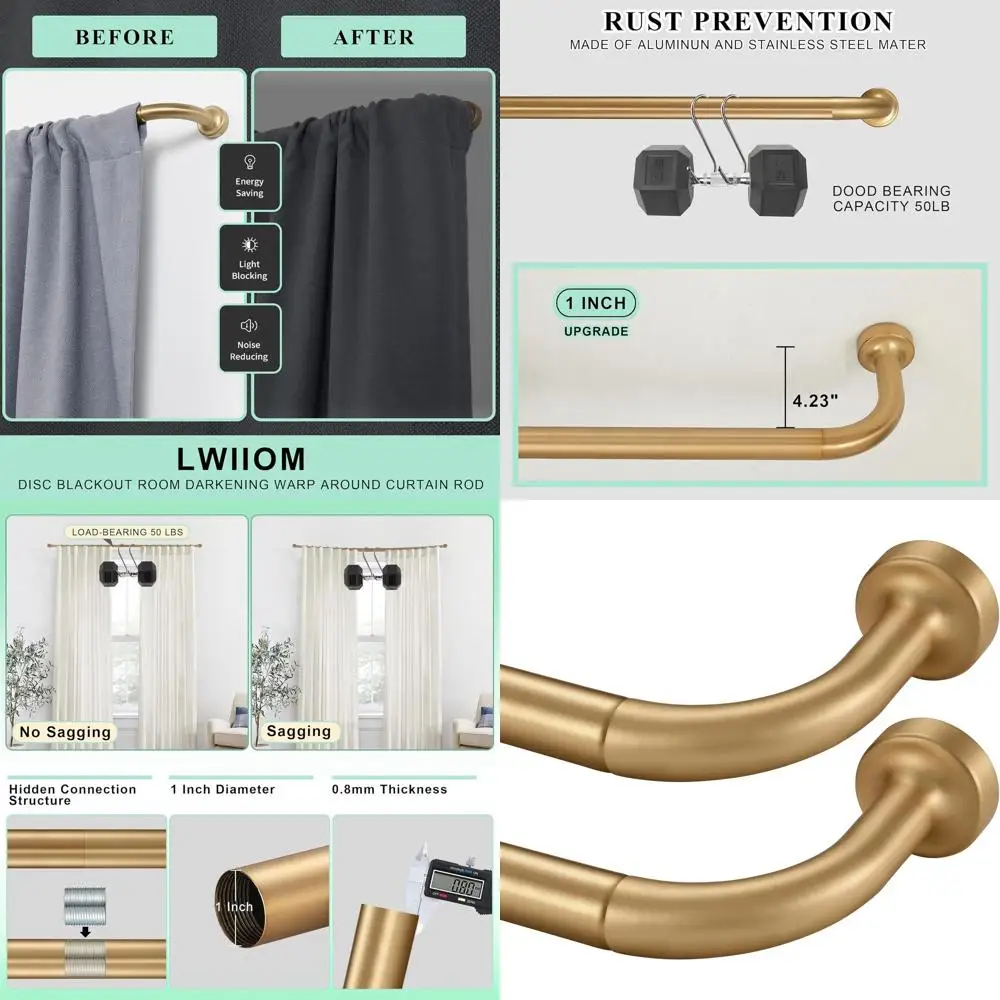 

Adjustable Warm Gold 28-120 Inch Wrap-Around Curtain Rod Set with Internal Splicing and Brackets