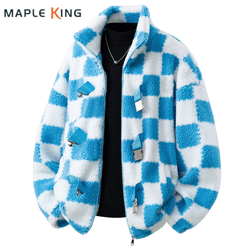 Men Women Plaid Patchwork Color Lamb Wool Jackets Oversized Loose Streetwear Harajuku Metal Buckle Hipster Cardigan Warm Coats