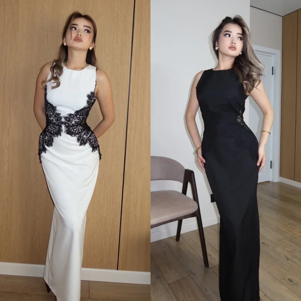 

Customized Sexy Retro Jersey Lace Pleat Straight Scoop Neck Long Dresses Bespoke Occasion Dresses Sizes Available High Quality