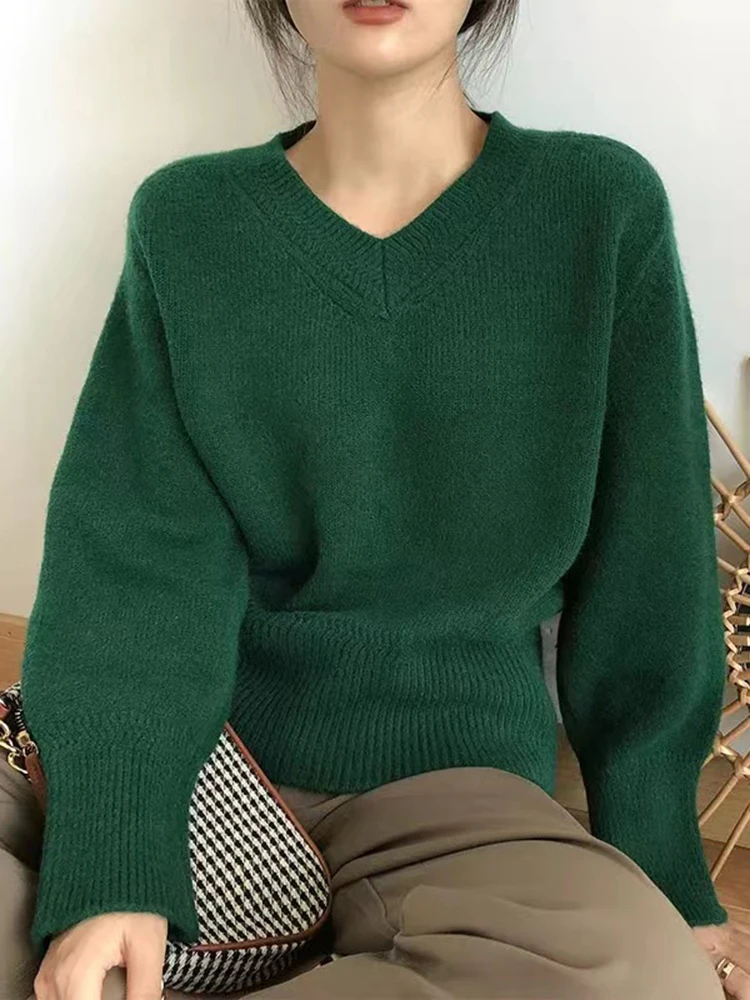 Vintage V Neck Women Autumn Winter Sweaters Loose Knitted Pullovers Soft Warm Solid Jumper Female Sweater Knitwear Jersey Tops