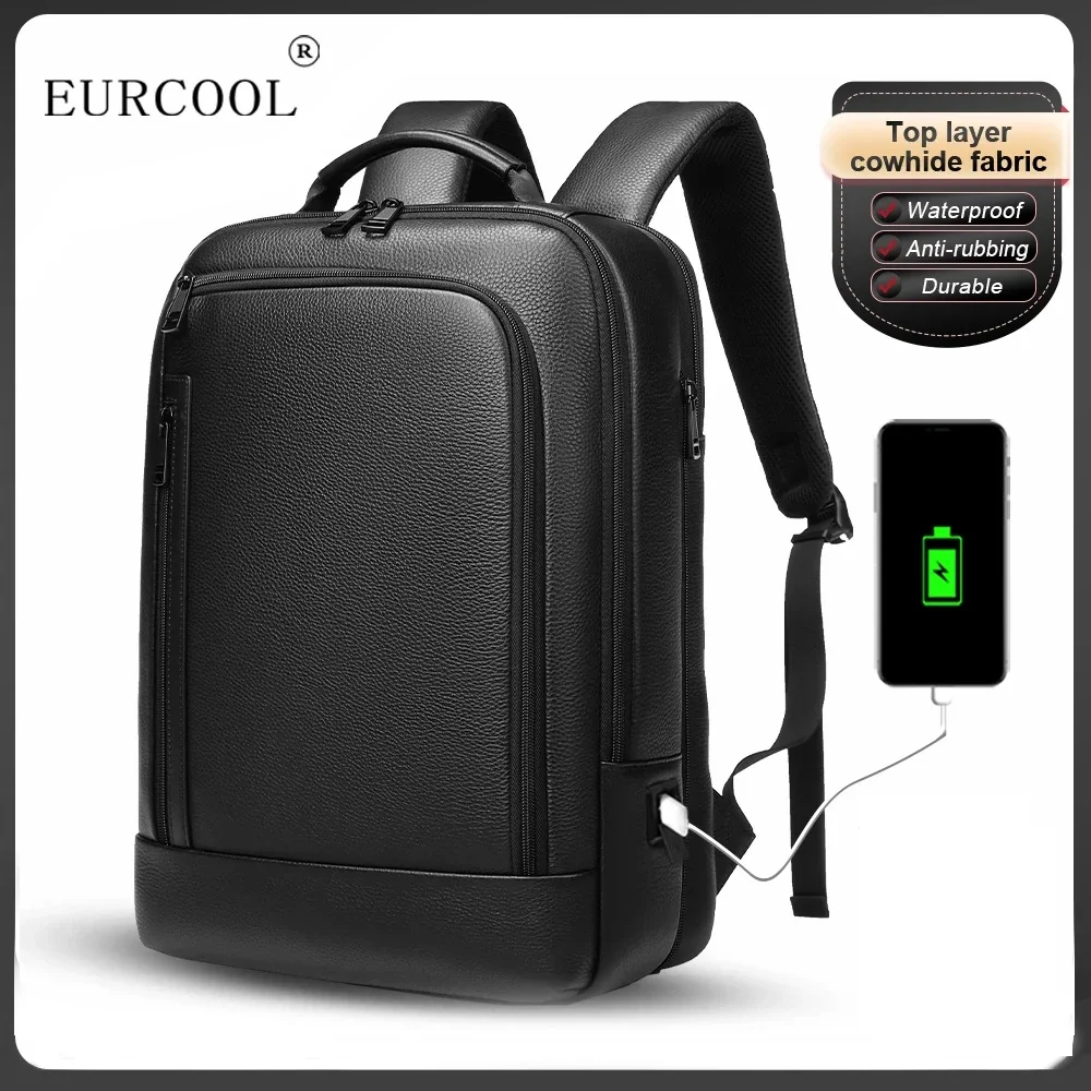 

EURCOOL 2024 New Luxury Genuine Leather Backpack for Men Travel Black Bagpack Top Layer Cow Business Laptop Mochila