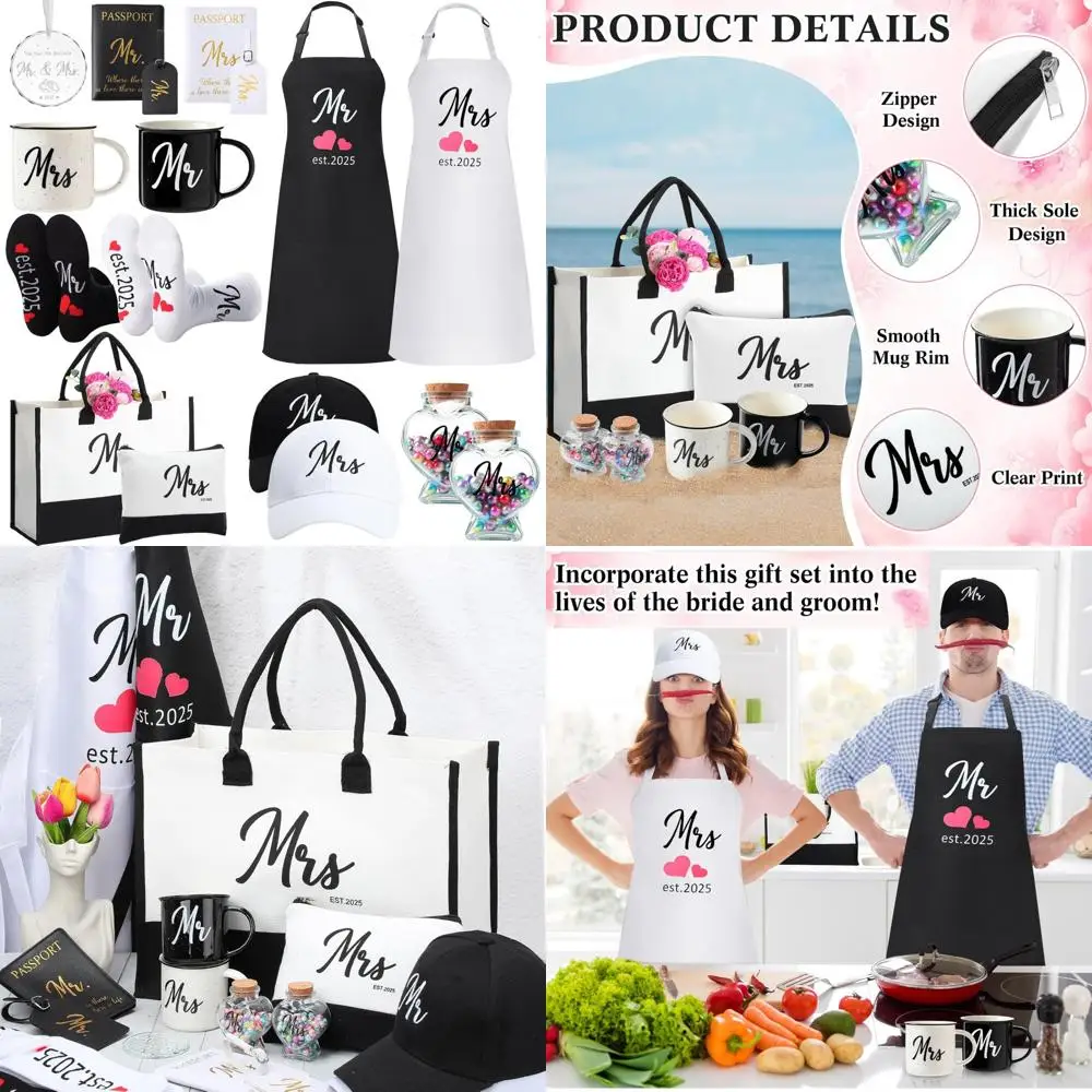 

Couples Wedding Gift Set - 15 Piece Mr and Mrs Aprons for Kitchen, Cooking, and Honeymoon Shower Ideas