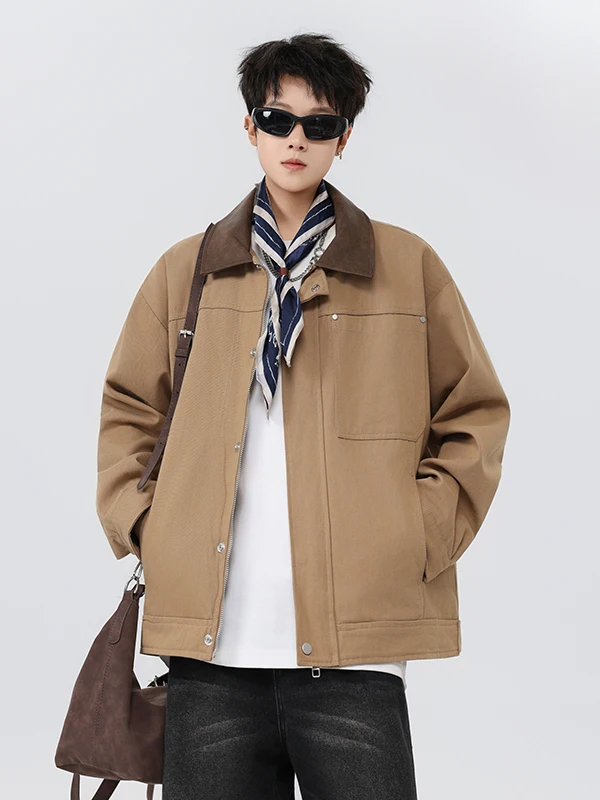 

Модная мужская рабочая куртка Cleanfit свободного кроя с воротником, в стиле пэчворк, весна-осень, американский ретро-стиль, длинный рукав, на молнии