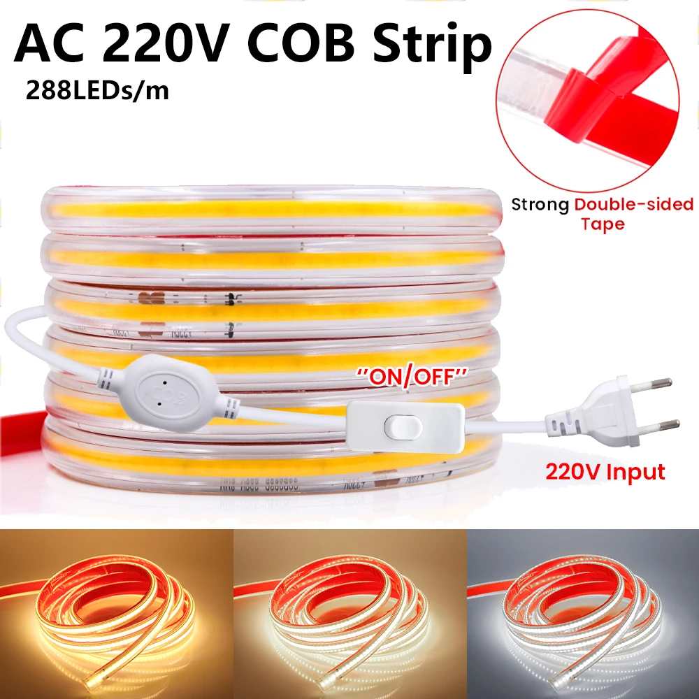 

220V COB Led Strip with EU Switch Plug Adhesive Tape 288LEDs/m Waterproof Flexible Led Ribbon for Room Decor 5M 10M 20M 30M 40M