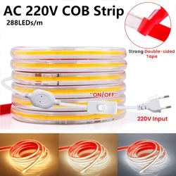 Tira de luces Led COB de 220V con enchufe europeo, cinta adhesiva Flexible e impermeable para decoración de habitación, 288LEDs/m, 5M, 10M, 20M, 30M, 40M