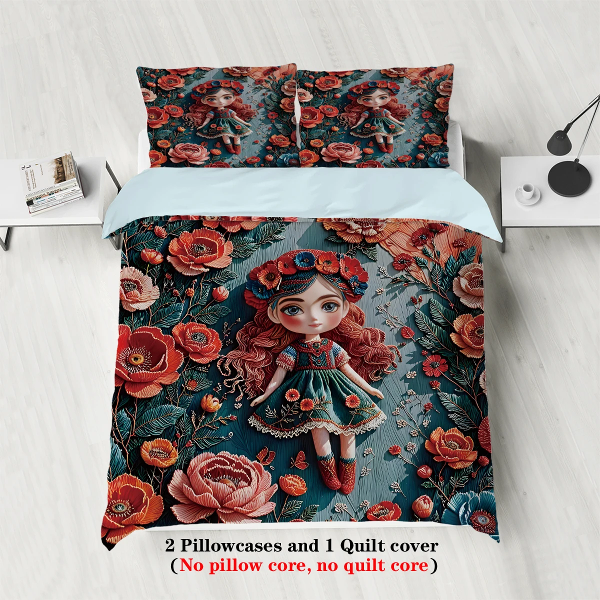 

3pcs 3D yarn girl and flower pattern printed bedding set, 1 duvet cover+2 pillowcases, suitable for girls and women bedroom