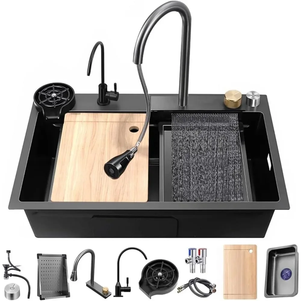 

Kitchen sink with pull-out faucet, rotary control workstation, sink cup cleaner, drainage basket, and accessories