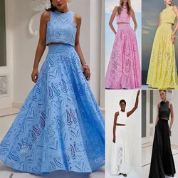 Women Spring Summer Skirt Set Dress Set Solid Color Sleeveless O Neck Hollow Out Casual Fashion Comfortable Regular Standard Fit