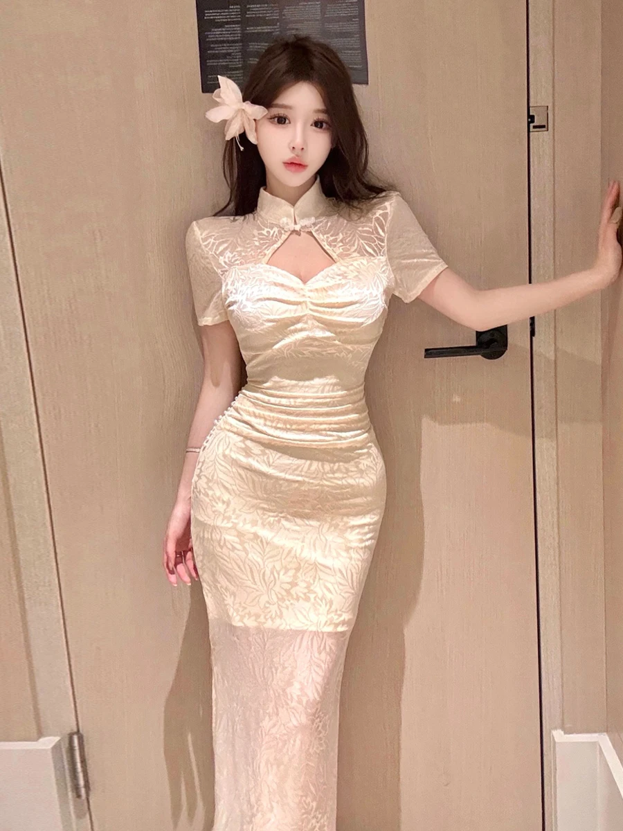 

Нежное ретро-платье в китайском стиле с вышивкой и вырезами, улучшенное, сексуальное, облегающее, с завышенной талией