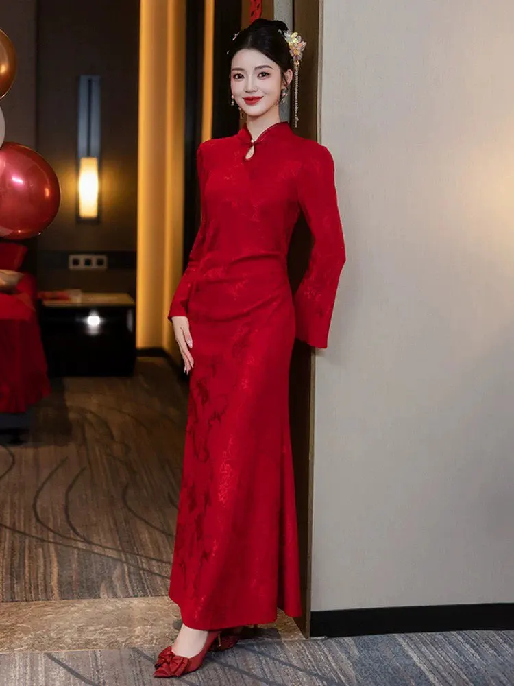 

Красное длинное платье с пышными рукавами и высоким воротником для женщин, модное ретро-платье миди с застежкой-молнией для свадьбы