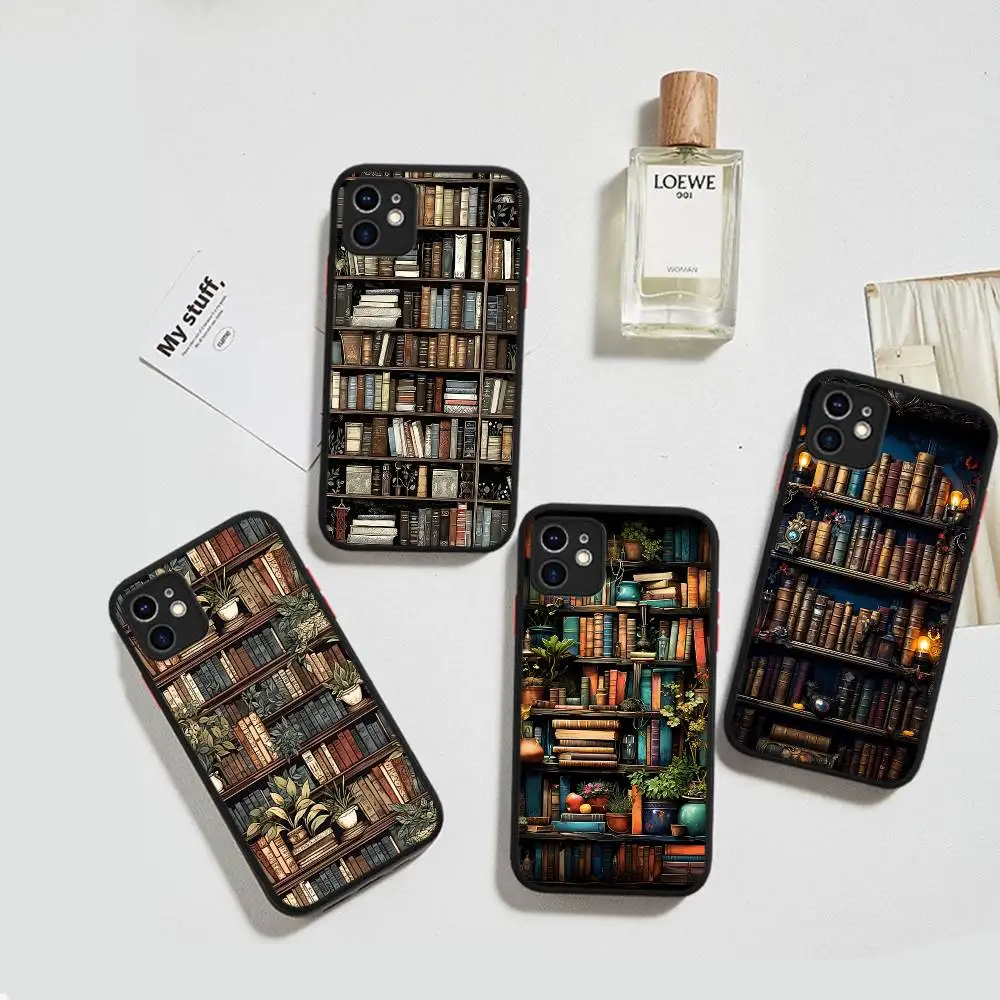 

Book Shelf Creative Pattern Phone Case For IPhone 11 12 13 14 15 16 Pro Plus X XS MAX Matte Bumper Shockproof Cover