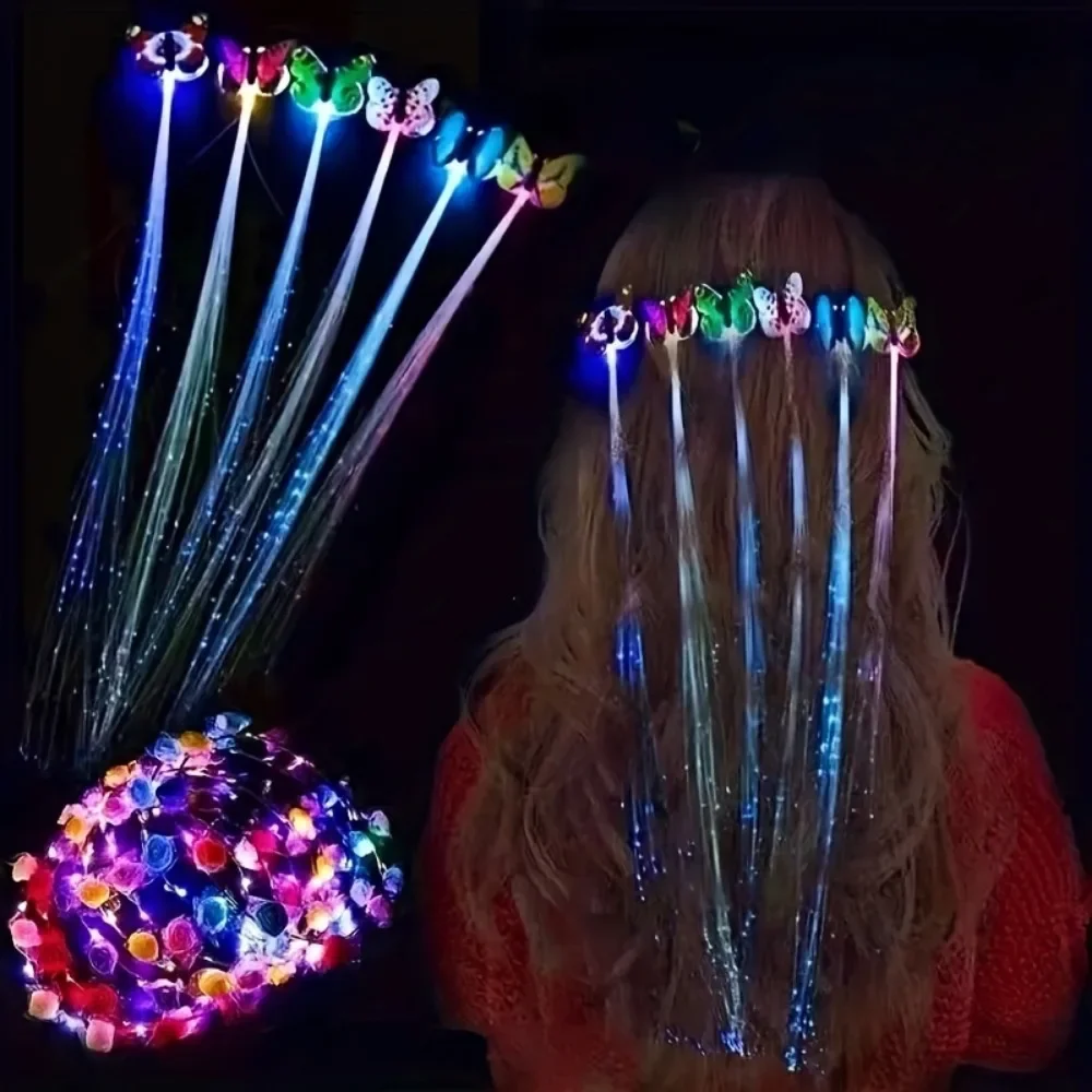 E5 5Pcs Colorful Butterfly Lights Glow Hair Braid Braids Wig Women Bar Party Hair Clip Light Novetly Accessories Random Color