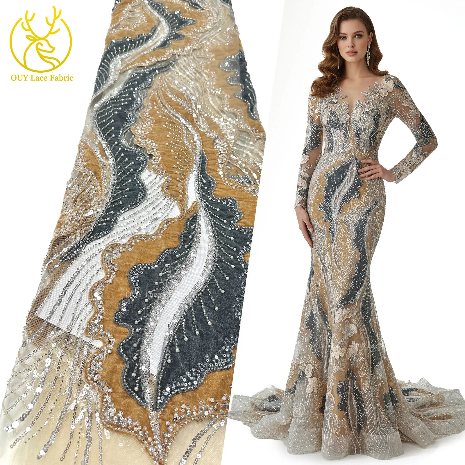 

African Velvet Sequined Lace Fabric 2026 High-Quality Nigerian Beaded Tulle Lace Fabric Wedding Party Dress Sewing Material