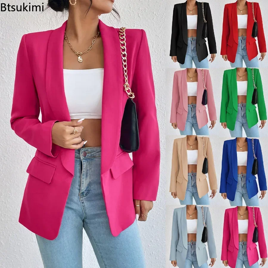 2024 Women\'s Spring Autumn Blazer Suits Solid Rose Pink Slim Women\'s Elegant Jacket  Formal Office Blazer Jacket Suits Female