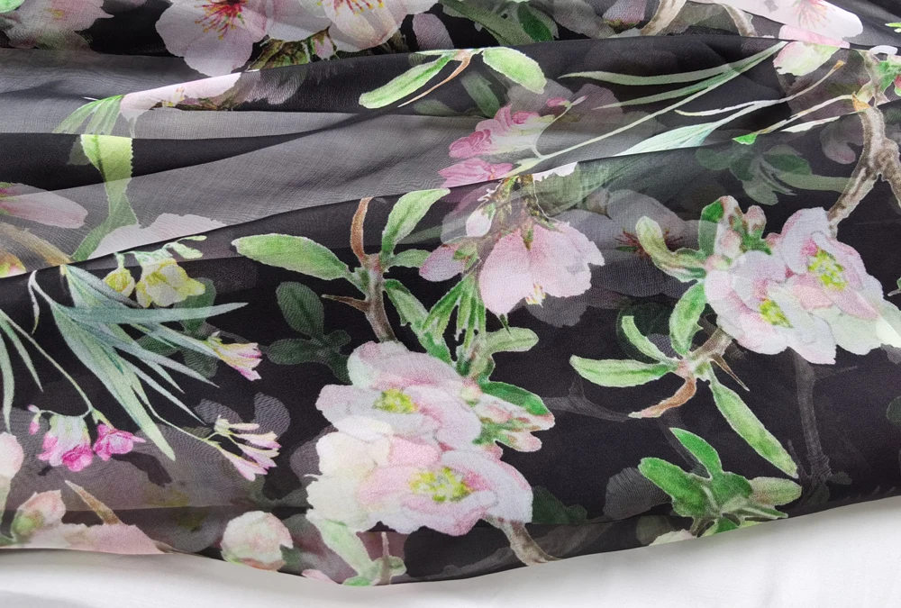 1 meter X 1.34 meter 100% Mulberry Silk Chiffon Fabric Black Pink Floral