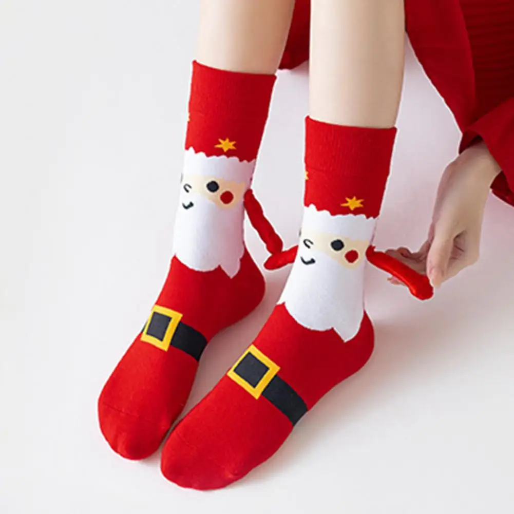 Christmas Couple Socks Magnetic Hand-linking Festive Mid-tube Thick Warm Anti-slip Holiday Party Stockings New Year Gift