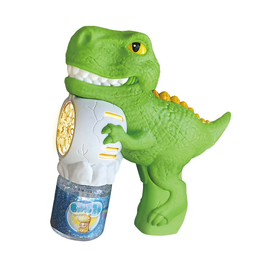 Gatillo de burbujas de dinosaurio, juguete al aire libre para niños con luces eléctricas y coloridas, máquina sopladora de burbujas con un solo clic
