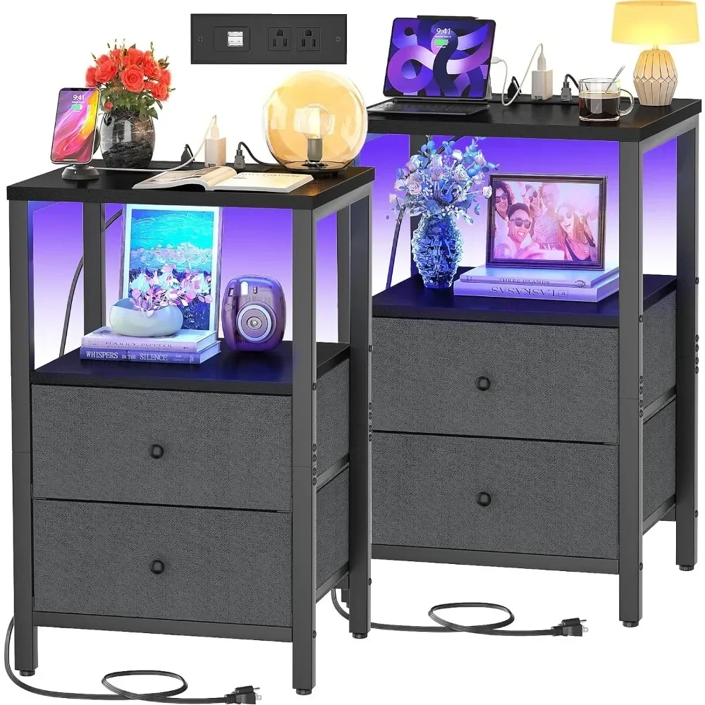 

Night Stands Set of 2 with Charging Station,Night Stand LED Lights,25.6'' Bedside Tables 2 Drawers,3 Tier Tall Storage Black