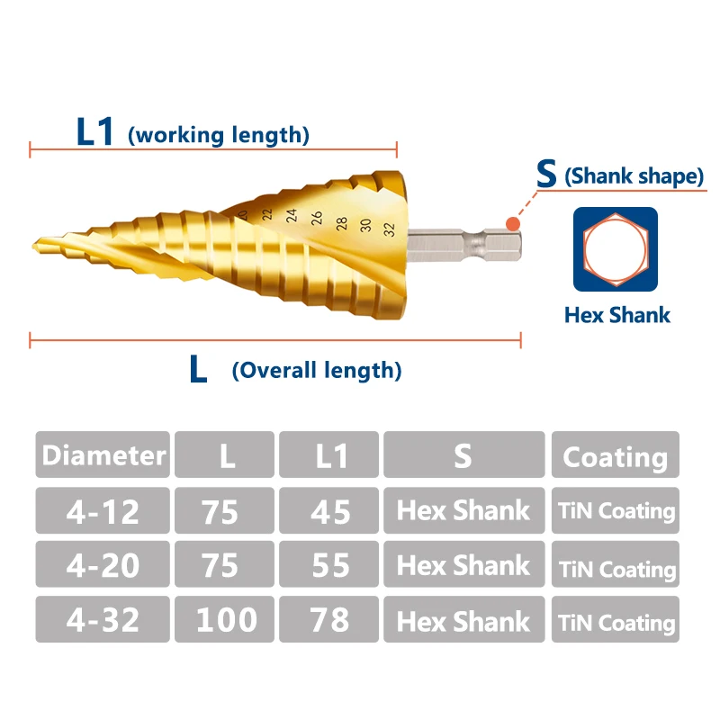 Titânio revestido Passo Broca, Pagoda Forma Core Drill, HSS Hex Shank, Buraco Saw Cortador, Cone Broca, Ferramenta de perfuração, 4-32mm