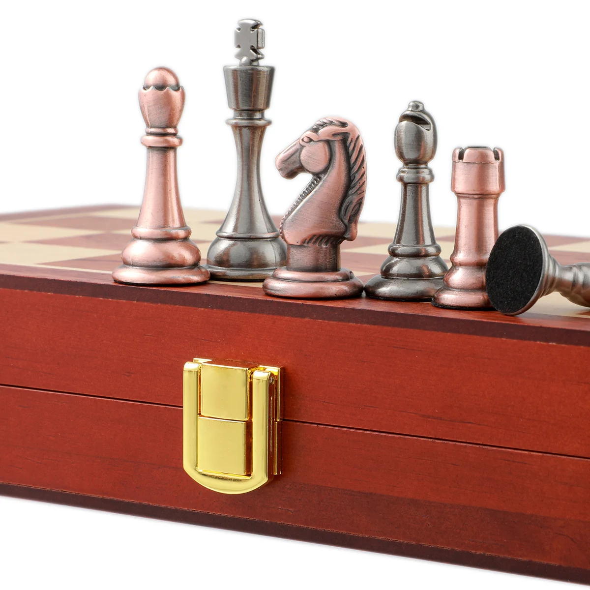 Zinc Alloy Antique Bronze Metal Chess Pieces 29cm/11.42inch High-Quality Solid Wood Foldable Board Game