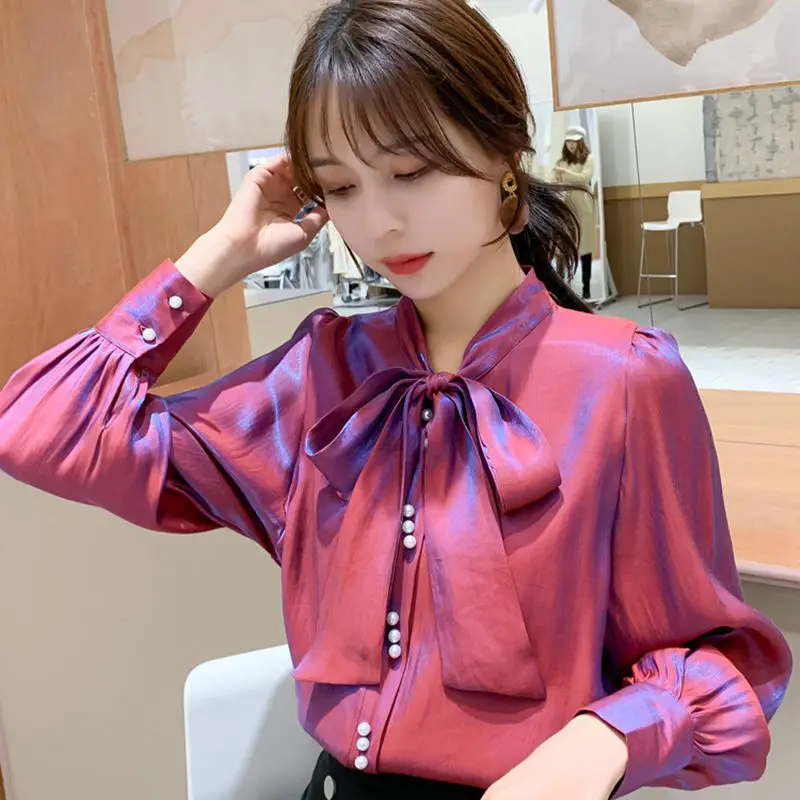 Elegant Fashion Satin Beading Bow Shirt Women\'s Clothing 2022 Spring New Office Lady Loose V-Neck Lantern Sleeve Commuter Blouse