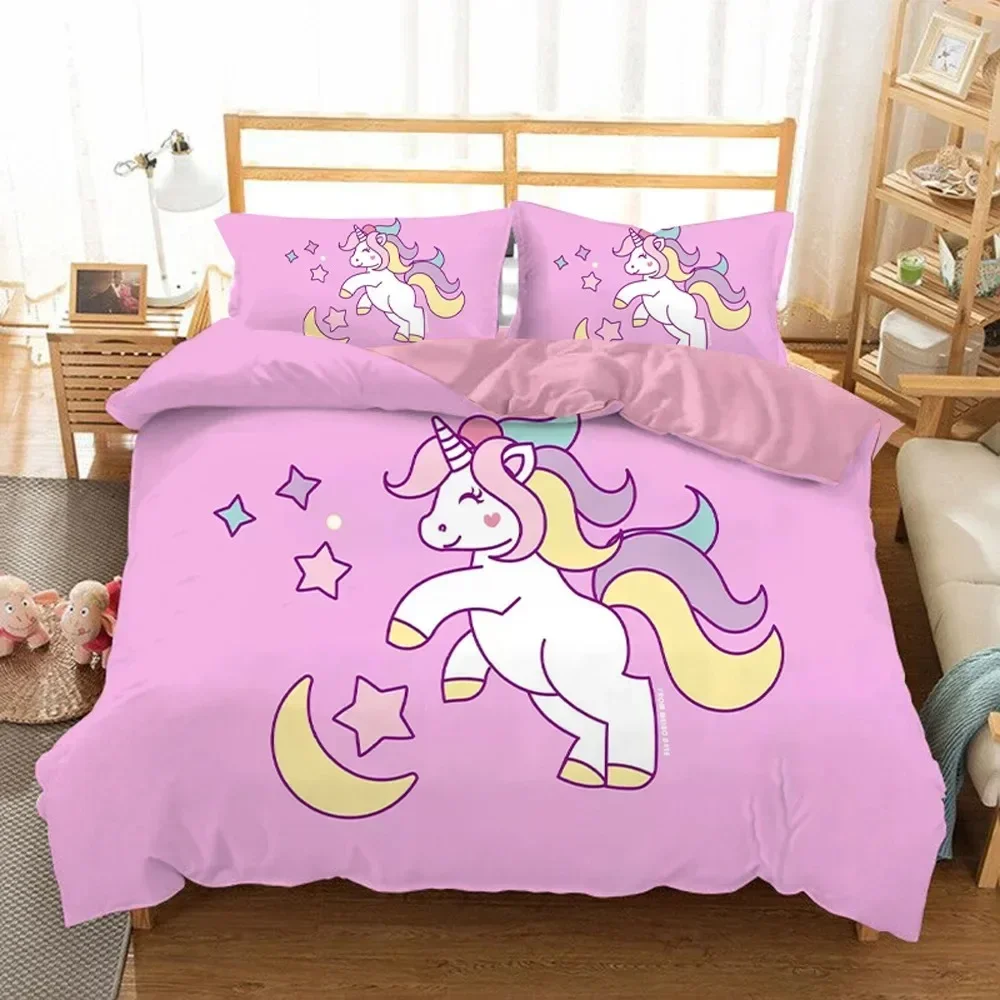 

Hot Sale Cartoon Unicorn Kids Girls Pink 3D Bedding Set Bedcllothes Animal Printed Queen King Size Home Duvet Covers