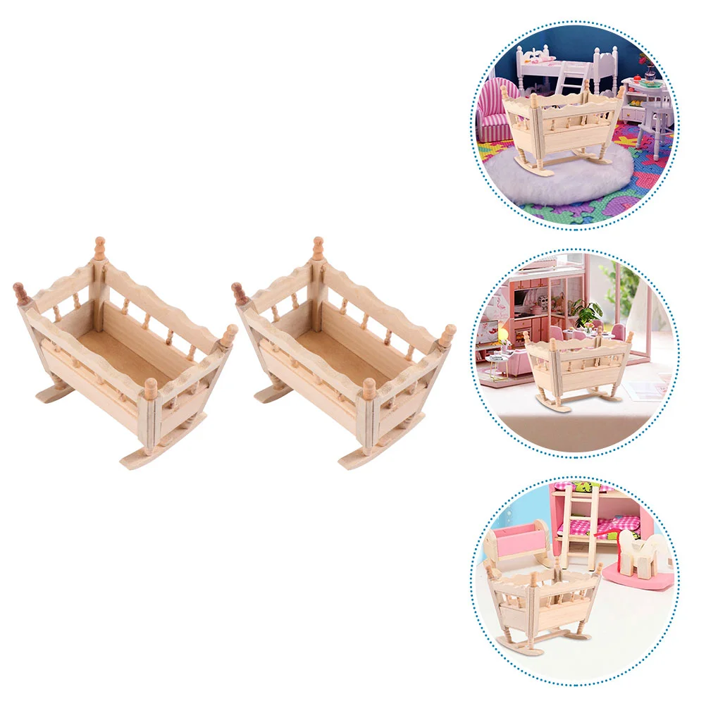 

2 Pcs Baby Bassinet House Cradle Bed Miniature Furniture Model Wood Accessory