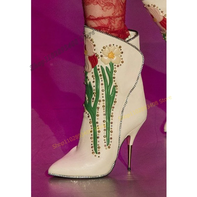 

White Flower Print Rivet Ankle Boots Crystal Decor Pointed Toe Stiletto High Heel Women Shoes 2023 Fashion Zapatos Para Mujere