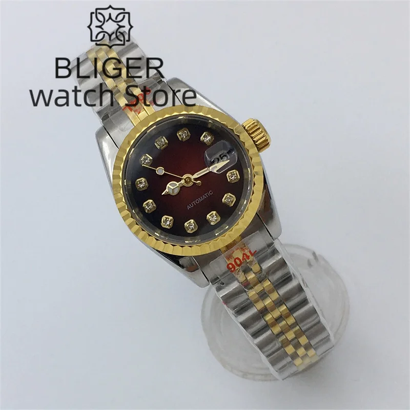 BLIGER 26mm Silver Gold Luxury Mechanical Watch For Ladies NH05 Movement Red dial Diamond Index Date Sapphire Glass Ladies watch