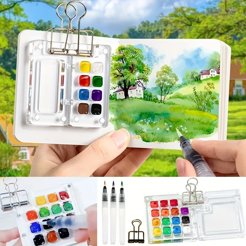 Mini Portable Glam Style Plastic Travel Watercolor Paint Palette Box Set And Three Pcs Water Brush Pen and Clip for Artists