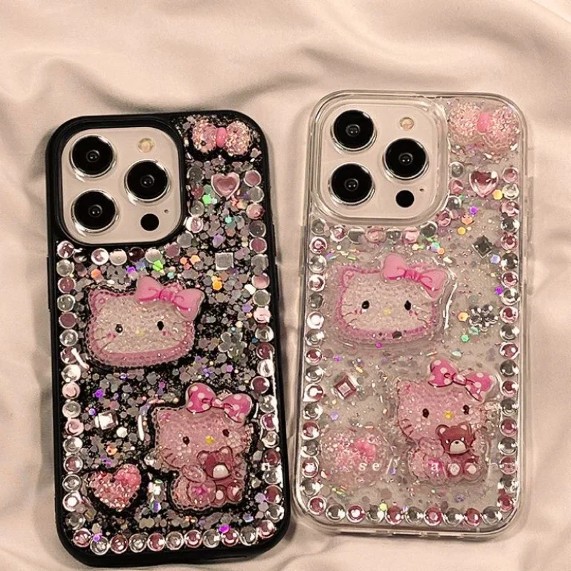 Cute Cartoon Hello Kitty Iphone Case Sanrio Three-dimensional Glue Protective Case for Iphone 16 15 14 13 12 Promax