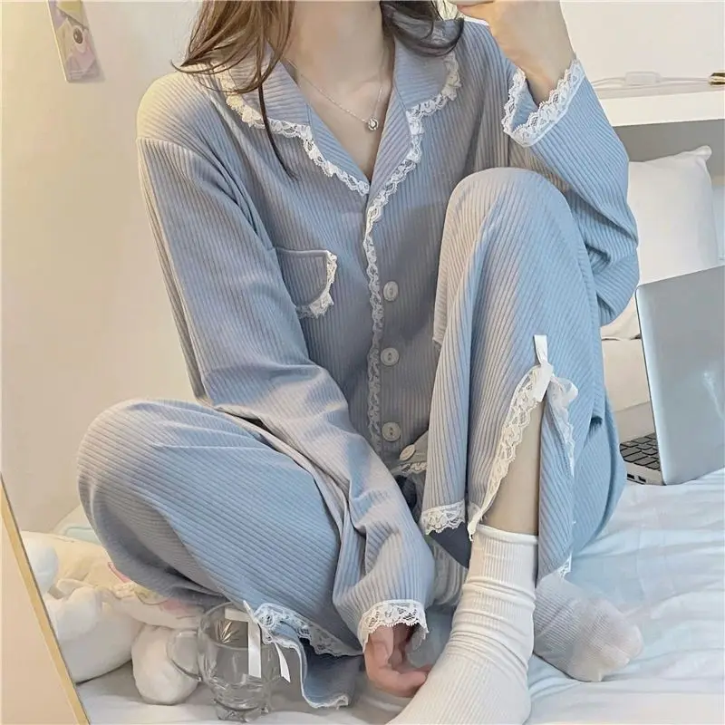 Lace Women's Pajamas Autumn Sleepwear Long Sleeve Pants Sets for Women 2 Pieces Korean Night Wears Solid Split Home Suit 2024