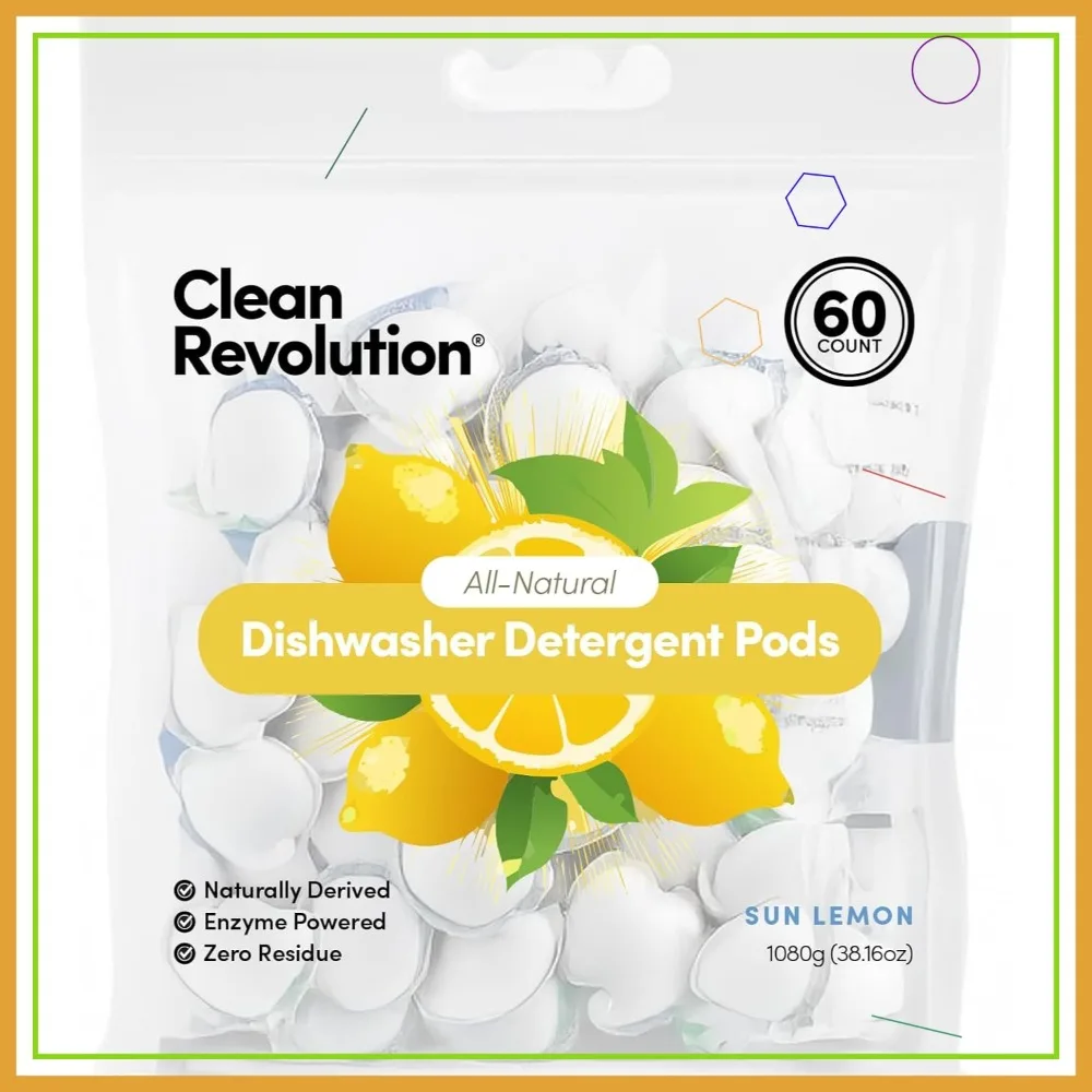 

Clean Revolution Natural Dishwasher Detergent Pods, 60 Pods, Enzyme Powered, No Additives, No Residue - Made in USA