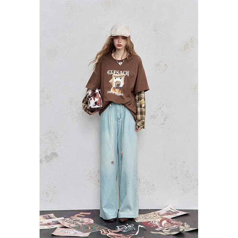 ELFSACK 2025 otoño nueva llegada Steetwear suelta a cuadros Patchwork camiseta de manga larga para mujer