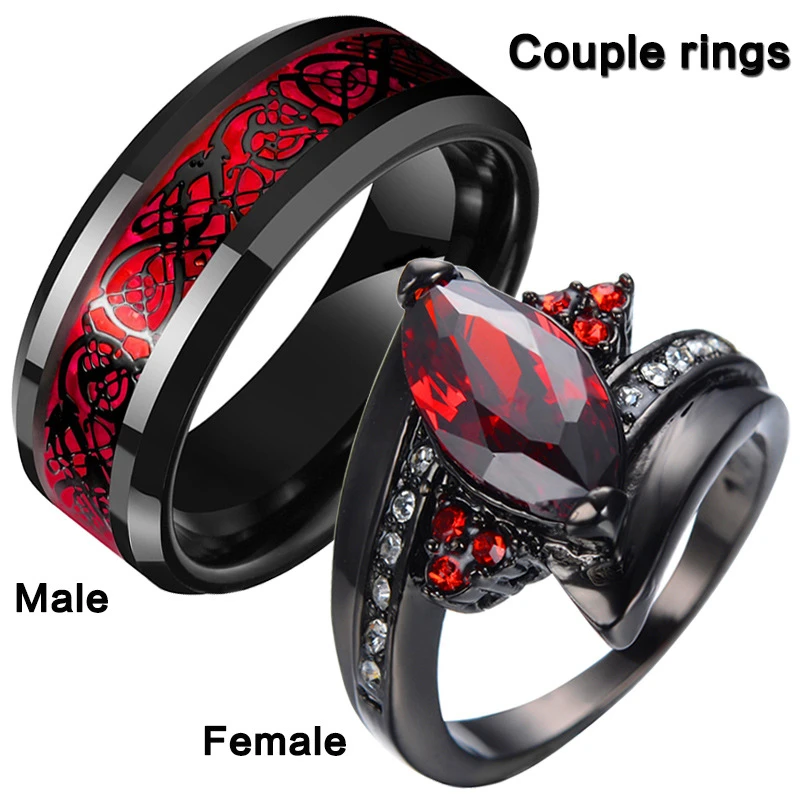 Marquesa cristal rojo regalo del Día de la madre anillos de pareja patrón de dragón hombre joyería de acero inoxidable alianzas de boda anillo de amor negro nuevo