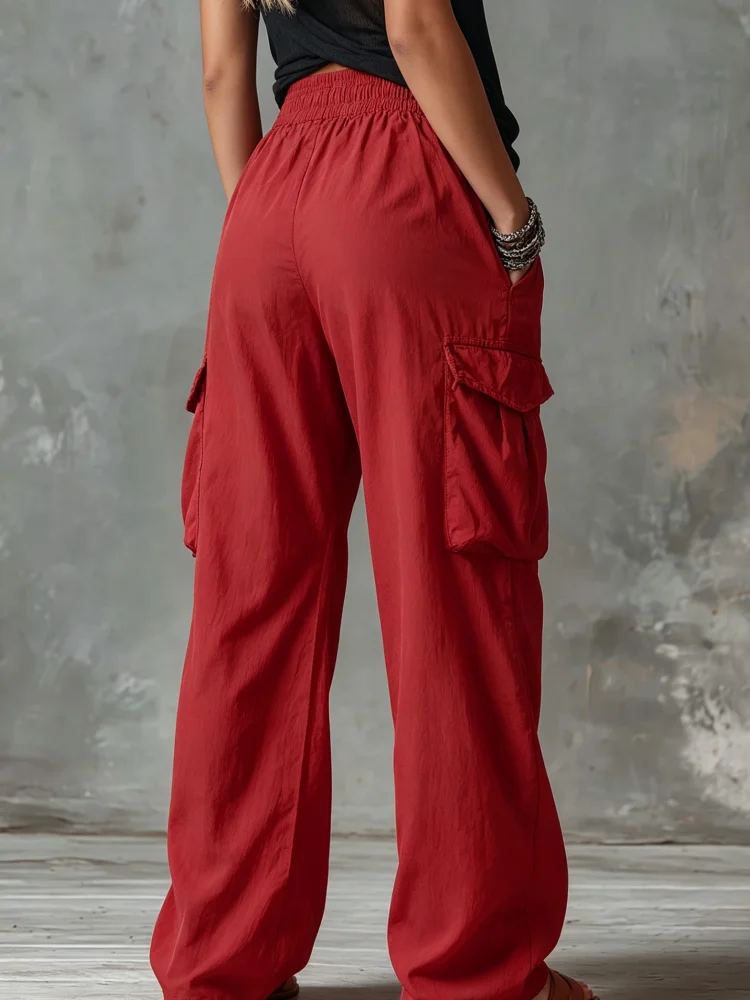 Damen Rote Cargo-Hose mit Weitem Bein, Kordelzug, Elastischer Hoher Bund, Lose Passform, Mehrere Taschen, Leichte Casual Streetwear-Hose – Detail 5