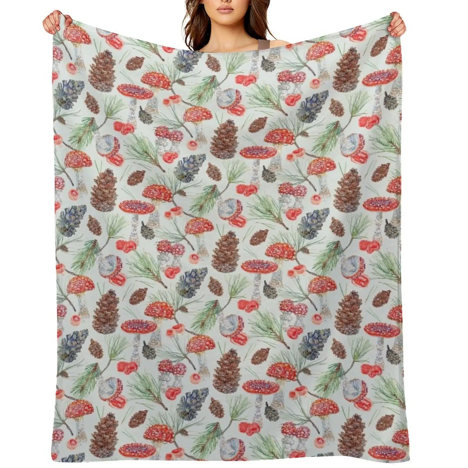 Toadstools and Pine - Mint Throw Blanket Camping Tourist Bed Fashionable Plush Blankets