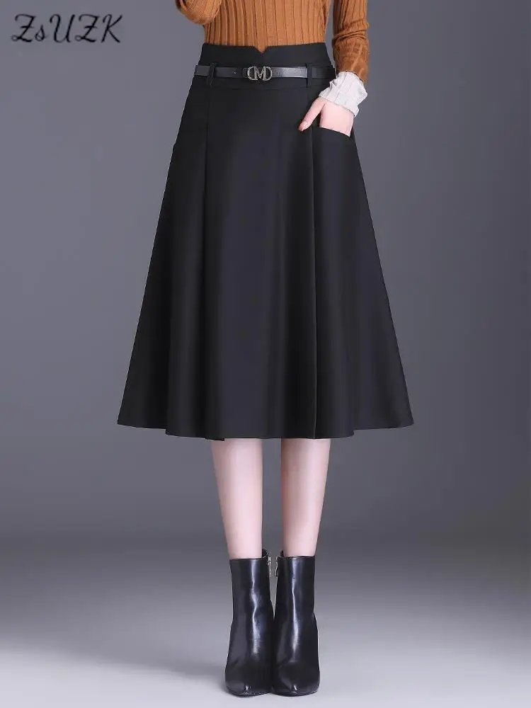 

ZUZK Women Solid A-Line Skirt High Waist Skirt New Spring Autumn Elegant Midi Skirts Simple OL Skirts Black Skirts