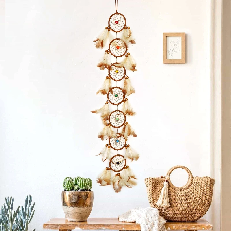 Colorful Feathers Dream Catcher with 7 Rings Large Wall Hangings Decor Handmade Wind Chimes Bedroom Decorations for Girls Gifts