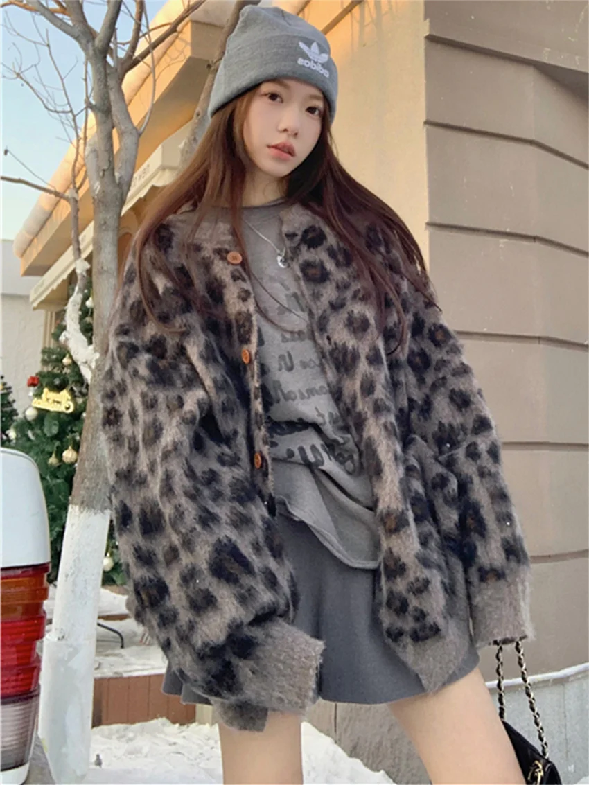 Alien Kitty Leopard Women Sweaters Office Lady Vintage Loose Winter Knitted Slim Daily New All Match Oversize Cardigans Coats