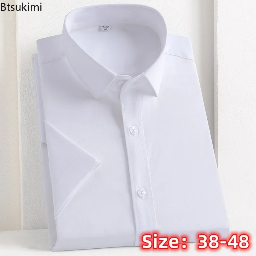 2024 Men's Bamboo Fiber Short Sleeve Shirt Fashion Solid Elastic No Ironing Business Casual Dress Shirt High-quality Male Blouse