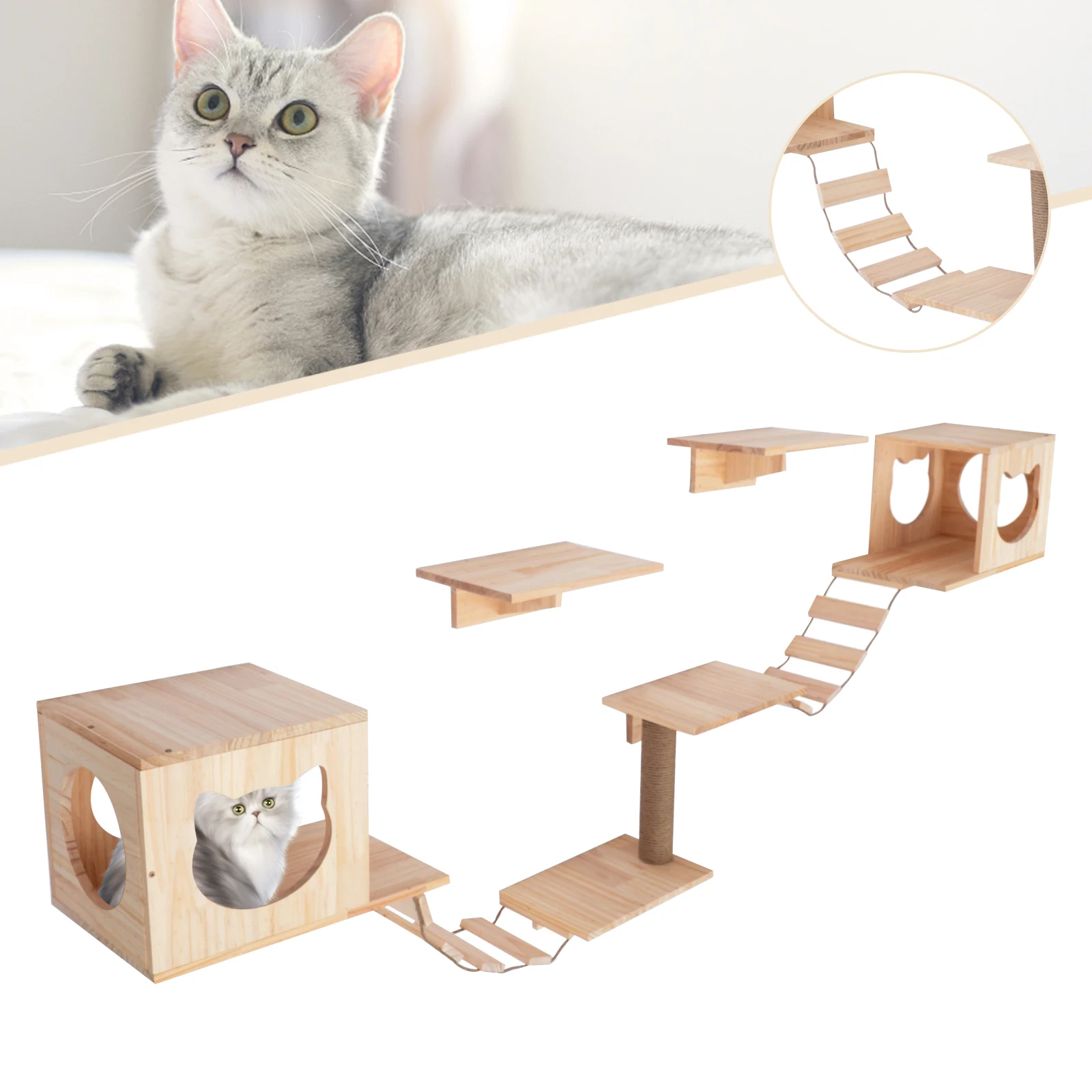 

9pcs Wall Wood Cat Climber Set 2 Cat Condos Houses 4 Cat Shelves 2 Ladders 1 Sisal Cat Scratching Post Cat Steps Cat Perch