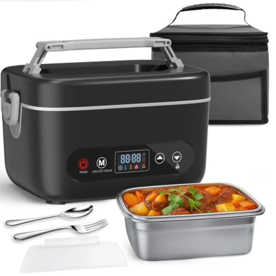 

Portable cordless rechargeable lunch box for adults, stainless steel body in matte black, 5.1-cup capacity with 24, 000mAh batt