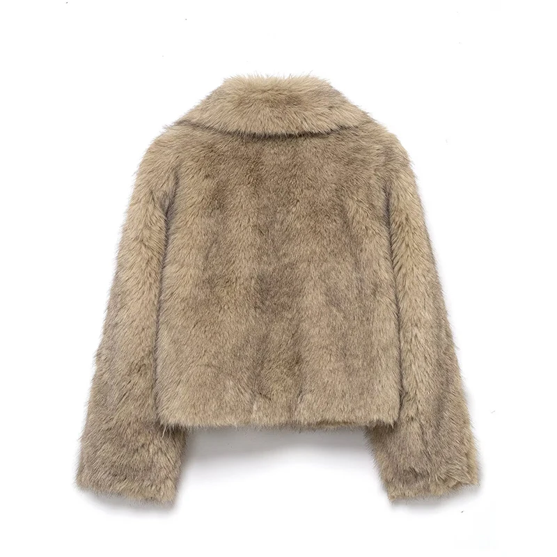 Chaqueta de invierno elegante de piel sintética para mujer, abrigo cálido y esponjoso de manga larga con solapa, chaquetas cortas, moda de calle alta, nueva ropa de abrigo