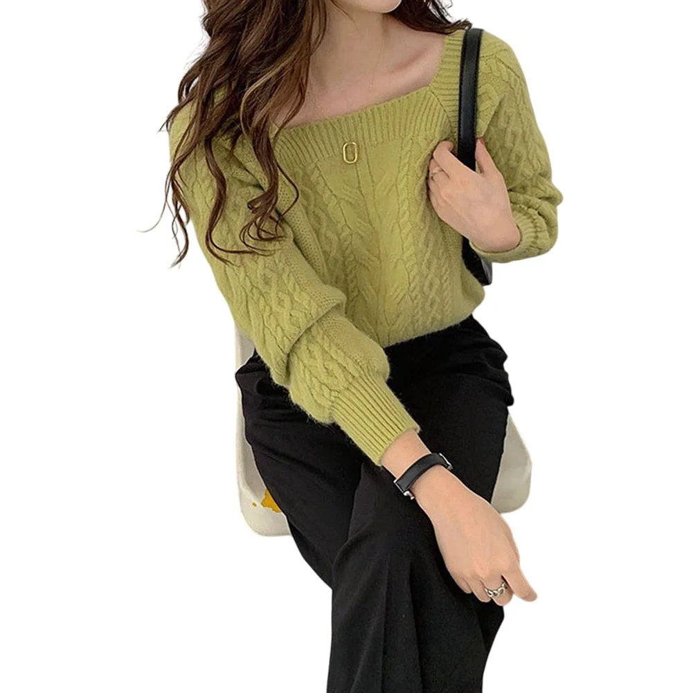 Jesienno-zimowy sweter Khaki Luźny sweter z dzianiny Wygodny krój Regularna długość Lekko elastyczny Codzienny sweter