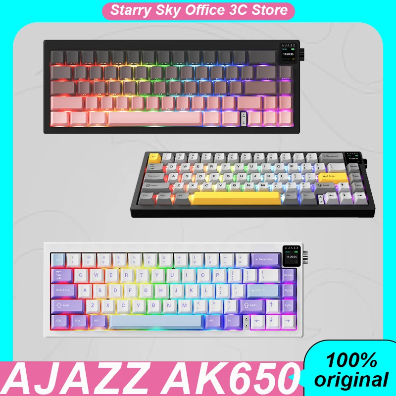 Ajazz Ak650 Mechanical Keyboard Wireless Tri Mode Multi Functional Knob Tft Color Screen Hot Plug Rgb Customized Gaming Keyboard