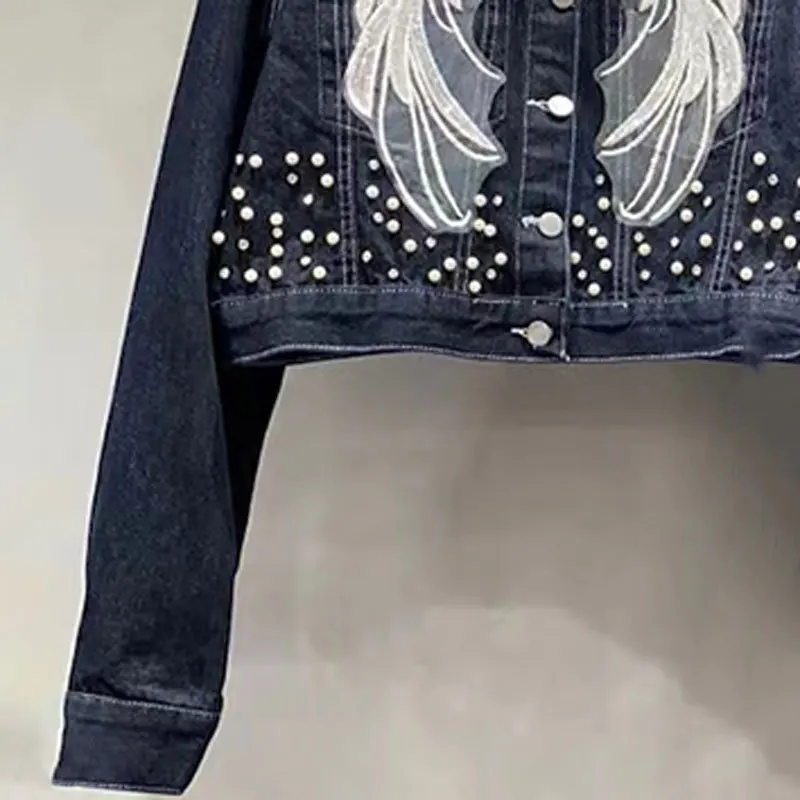 Fashion Trend Heavy Industry Beaded Jacket Skirt Jeans Sets Loose Versatile Casual Single-Breasted Short Jacket Women Outerwear