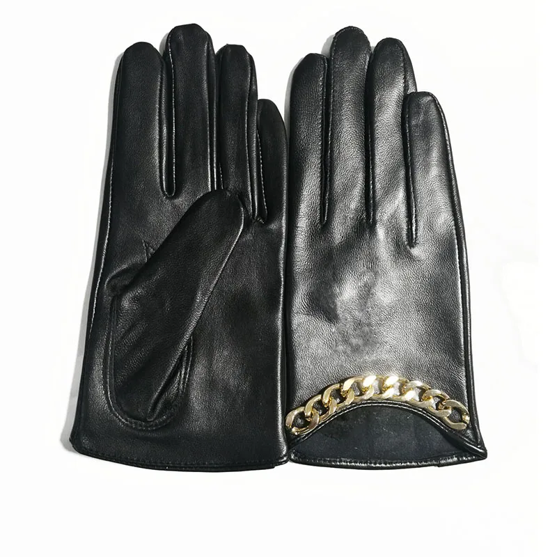 Women's short design chain sheepskin leather gloves female thin genuine leather gloves touch screen black motorcycle glove