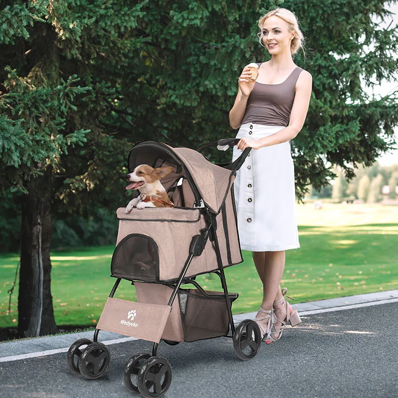 Wedyvko-cochecito de transporte para mascotas, carrito de tracción desmontable de doble capa, ligero con cuatro ruedas y absorción de impacto