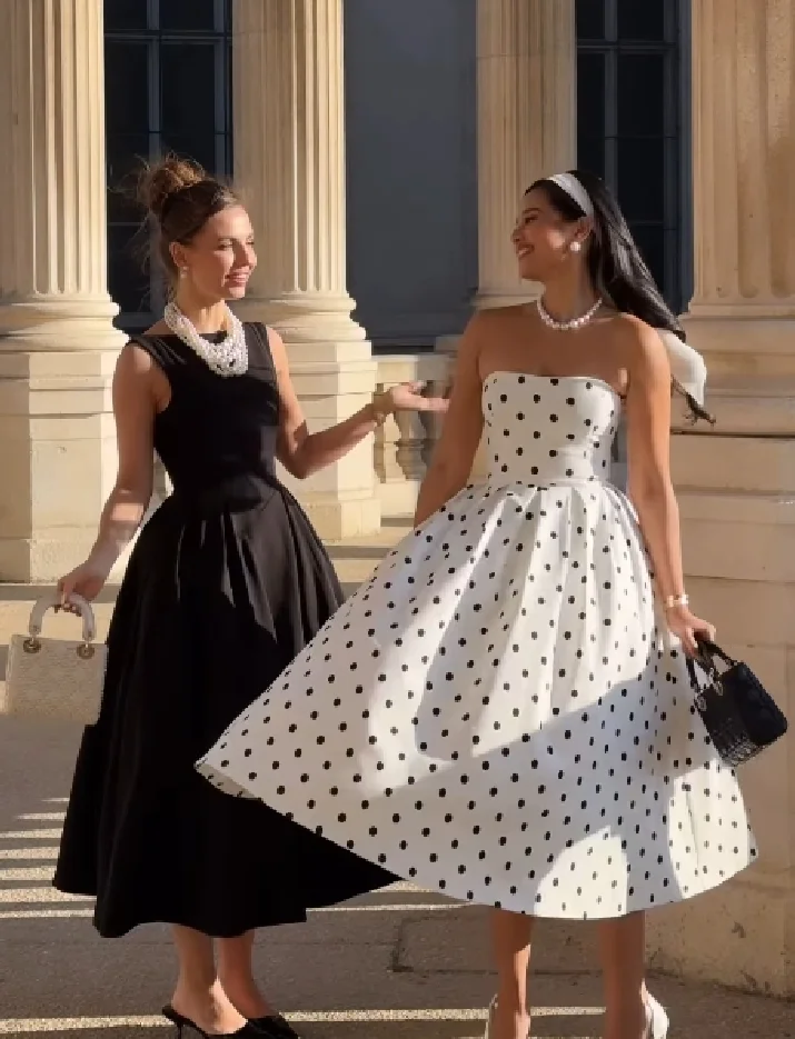 

BB6548 ZA25 summer new women's clothing French sweet and spicy style waist pinching slimming polka dot print medium long A-line